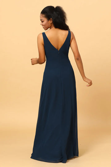 Navy V-Neck Chiffon Bridesmaid Robe avec volants